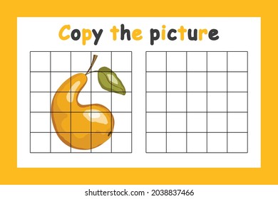 Copy the picture. Educational game for children. Cute yellow pear. Drawing activity for kids. Colorful vector illustration.