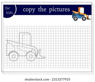 Copy the picture, an educational game for children, a cartoon loader car. Vector illustration on a white background.