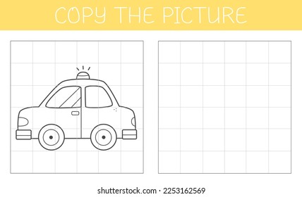 Copy the picture is an educational game for kids with a car. Cute cartoon car coloring book. Vector illustration.