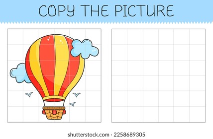 Copy the picture is an educational game for kids with an airship. Cute cartoon airship. Vector illustration.