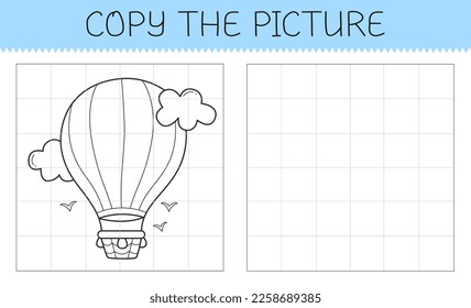 Copy the picture is an educational game for kids with an airship. Cute cartoon airship coloring book. Vector illustration.