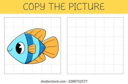 Copy the picture is an educational game for kids with blue fish. Cute cartoon fish. Vector illustration.