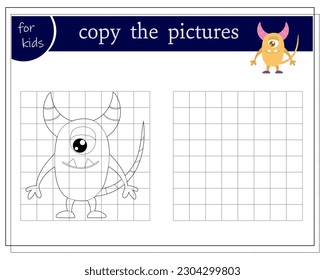 Kopieren Sie ein Bild, ein pädagogisches Spiel für Kinder, ein Cartoon-Monster mit einem Auge und Hörner, ein Außerirdischer.