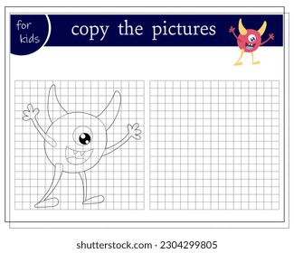 Copy the picture, educational game for kids, cartoon monster, alien. Vector illustration