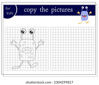Copy the picture, educational game for kids, cartoon monster, alien. Vector illustration