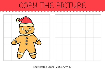 Copy the picture educational game for kids with cute gingerbread man. Cute cartoon gingerbread coloring book. Vector illustration.