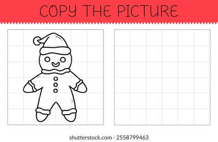 Copy the picture educational game for kids with cute gingerbread man. Cute cartoon gingerbread coloring book. Vector illustration.