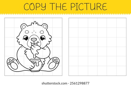 Copy the picture educational game for kids with bear with jar of honey. Cute cartoon bear. Vector illustration.