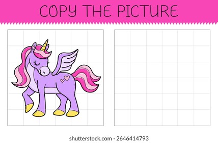 Copy the picture educational game for kids with unicorn pegasus. Cute cartoon horse. Vector illustration.