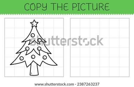 Copy the picture is an educational game for kids with cute christmas tree. Cute cartoon christmas tree coloring book. Vector illustration