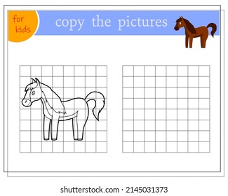 Copy the picture, educational games for children, cartoon horse. vector isolated on white background