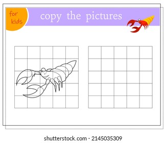 Copy the picture, educational games for children, cartoon hermit crab. vector isolated on white background