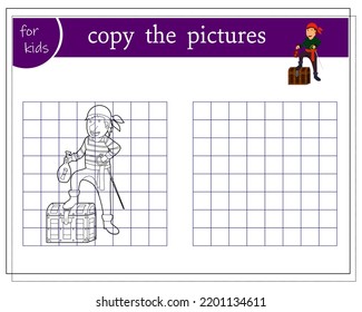 Copy the picture, educational games for children, a cartoon pirate is standing on a chest. vector isolated on a white background