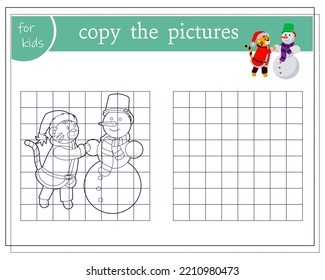 Copy the picture, educational games for children, cartoon tiger sculpts a snowman. vector isolated on a white background.