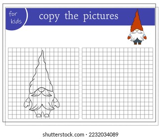 Copy the picture, educational games for children. Cartoon Christmas Gnome.