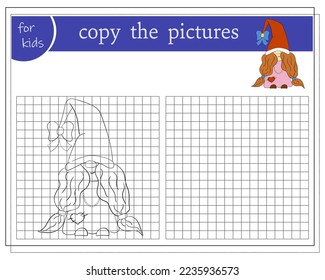 Copy the picture, educational games for children. Cartoon Christmas gnome girl