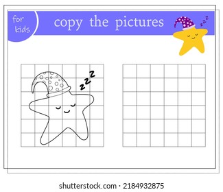 Copy the picture, educational games for kids, Cartoon star sleeping in a sleep cap. vector isolated on a white background