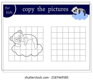 Copy the picture, educational games for kids, Cartoon panda sleeps in the clouds. vector isolated on a white background
