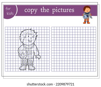 Copy the picture, educational games for kids, cute cartoon astronaut. vector isolated on a white background.