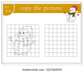 Copy the picture, educational games for kids, cartoon snowman. vector illustration