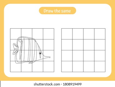 Copy the picture of fish - use the grid and example. Educational game for children. Handwriting and drawing practice. Vector illustration.