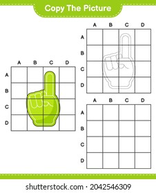 Copie la imagen, copie la imagen del Dedo de espuma utilizando líneas de cuadrícula. Juego infantil educativo, hoja de cálculo imprimible, ilustración vectorial