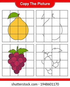 Copy the picture, copy the picture of Fruits using grid lines. Educational children game, printable worksheet, vector illustration