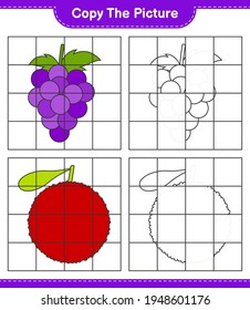 Copy the picture, copy the picture of Fruits using grid lines. Educational children game, printable worksheet, vector illustration