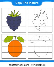 Copy the picture, copy the picture of Fruits using grid lines. Educational children game, printable worksheet, vector illustration