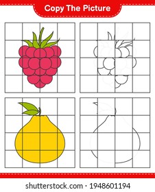 Copie la imagen, copie la imagen de Frutos utilizando líneas de cuadrícula. Juego infantil educativo, hoja de cálculo imprimible, ilustración vectorial