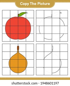 Copie la imagen, copie la imagen de Frutos utilizando líneas de cuadrícula. Juego infantil educativo, hoja de cálculo imprimible, ilustración vectorial