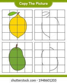 Copy the picture, copy the picture of Fruits using grid lines. Educational children game, printable worksheet, vector illustration