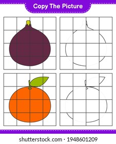 Copy the picture, copy the picture of Fruits using grid lines. Educational children game, printable worksheet, vector illustration