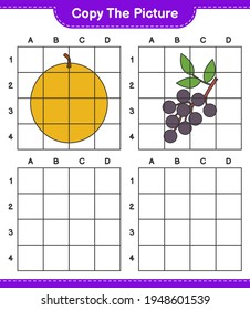Copy the picture, copy the picture of Fruits using grid lines. Educational children game, printable worksheet, vector illustration