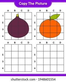 Copy the picture, copy the picture of Fruits using grid lines. Educational children game, printable worksheet, vector illustration