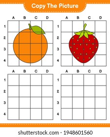 Copie la imagen, copie la imagen de Frutos utilizando líneas de cuadrícula. Juego infantil educativo, hoja de cálculo imprimible, ilustración vectorial