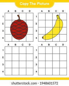 Copy the picture, copy the picture of Fruits using grid lines. Educational children game, printable worksheet, vector illustration