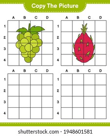 Copy the picture, copy the picture of Fruits using grid lines. Educational children game, printable worksheet, vector illustration
