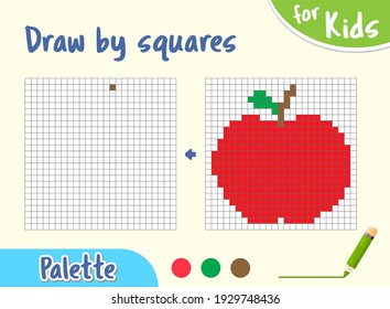 Copy the picture. Game for small children draw an Apple by cells. Red Apple cartoon, drawing skills training. Educational paper game for kids. vector illustration, pixel art.