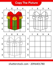 Copy the picture, copy the picture of Gift Box using grid lines. Educational children game, printable worksheet, vector illustration