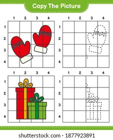 Copy the picture, copy the picture of Gift Boxes and Mitten using grid lines. Educational children game, printable worksheet, vector illustration