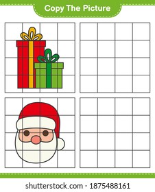 Copy the picture, copy the picture of Gift Boxes and Santa Claus using grid lines. Educational children game, printable worksheet, vector illustration