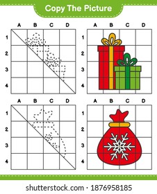 Copy the picture, copy the picture of Gift Boxes and Santa Claus Bag using grid lines. Educational children game, printable worksheet, vector illustration