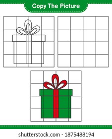 Copy the picture, copy the picture of Gift Boxes using grid lines. Educational children game, printable worksheet, vector illustration