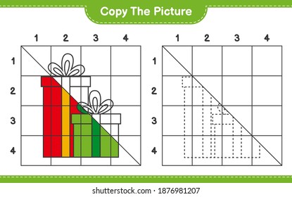 Copy the picture, copy the picture of Gift Boxes using grid lines. Educational children game, printable worksheet, vector illustration
