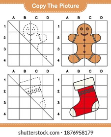 Copy the picture, copy the picture of Gingerbread Man and Christmas Stocking using grid lines. Educational children game, printable worksheet, vector illustration