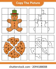 Copie la imagen, copie la imagen del hombre de pan de jengibre y la galleta usando líneas de cuadrícula. Juego infantil educativo, hoja de cálculo imprimible, ilustración vectorial