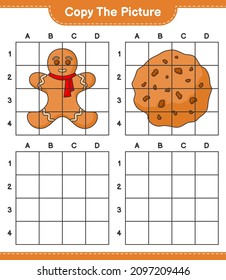 Copie la imagen, copie la imagen del hombre de pan de jengibre y la galleta usando líneas de cuadrícula. Juego infantil educativo, hoja de cálculo imprimible, ilustración vectorial