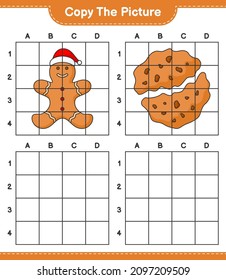 Copie la imagen, copie la imagen del hombre de pan de jengibre y la galleta usando líneas de cuadrícula. Juego infantil educativo, hoja de cálculo imprimible, ilustración vectorial