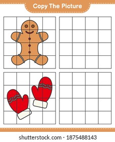 Kopieren Sie das Bild, kopieren Sie das Bild von Gingerbread Man und Mitten mithilfe von Rasterlinien. Kinderspiel, druckbares Arbeitsblatt, Vektorgrafik